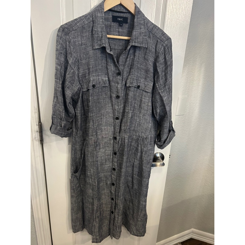 Next Women Blue Linen Blend‎ Button Down Shirt Dress Roll Tab Sleeve